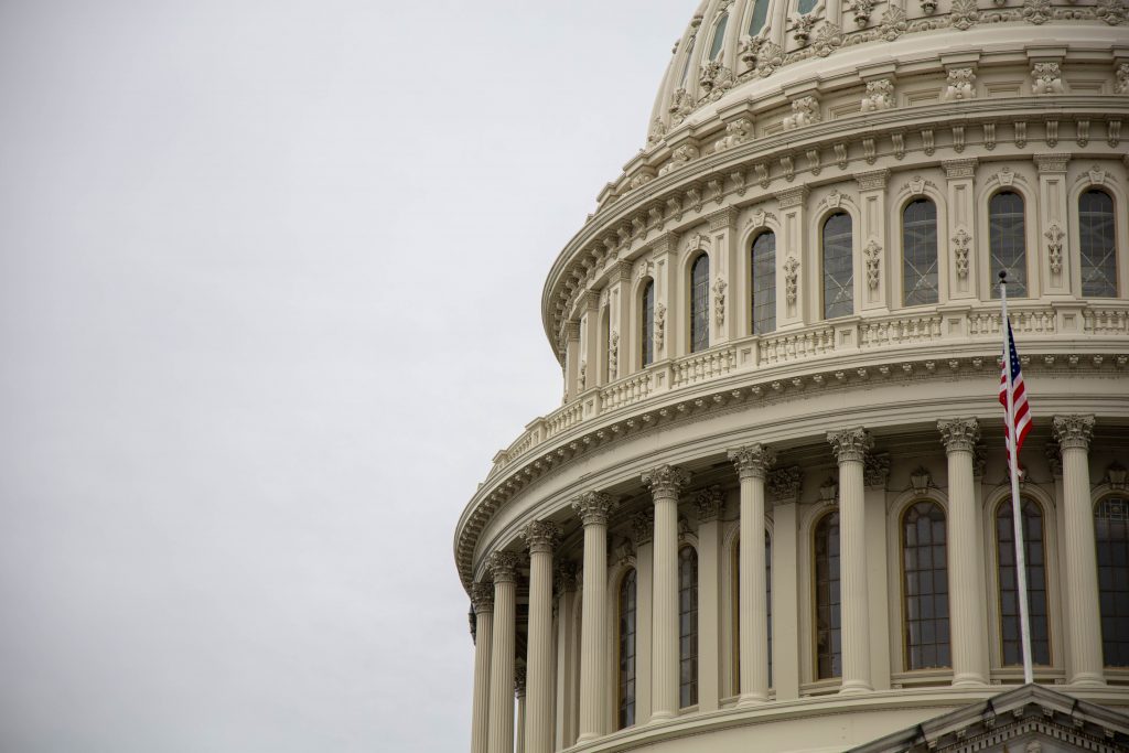 A close up photo of a portion of the US Capitol dome